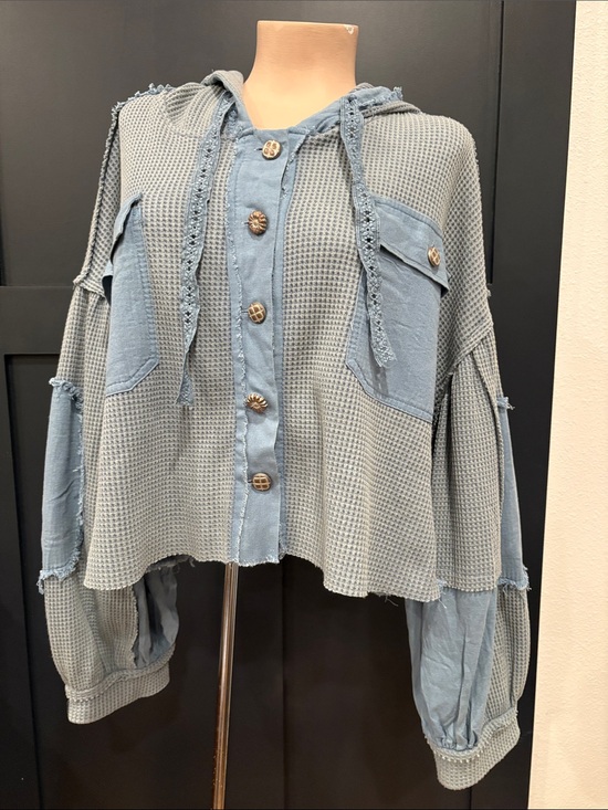 POL Tops - 654. POL Waffle Knit Hooded Button-Front Jacket in Light Blue